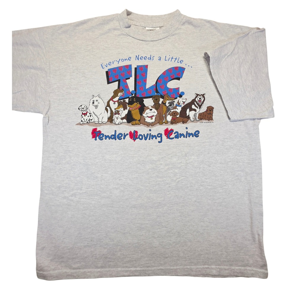 Vintage 1997 Tultex TLC Tender Loving Canine Dog Graphic T-Shirt Gray 2XL